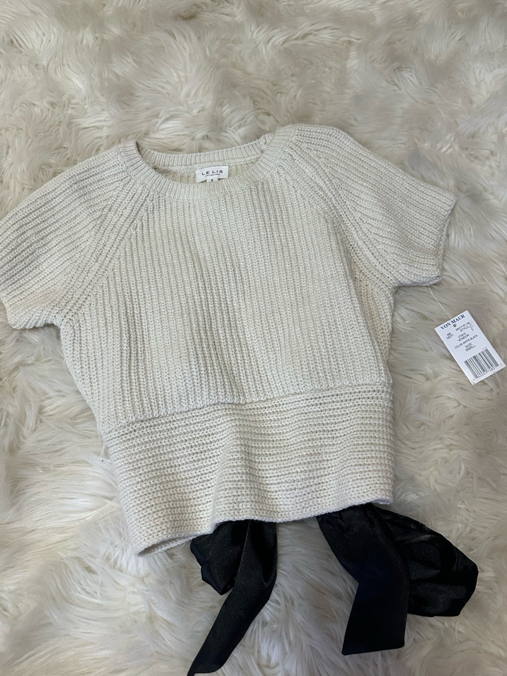 Le Lis Cream Ribbed Short Sleeve Crewneck Sweater with black bow